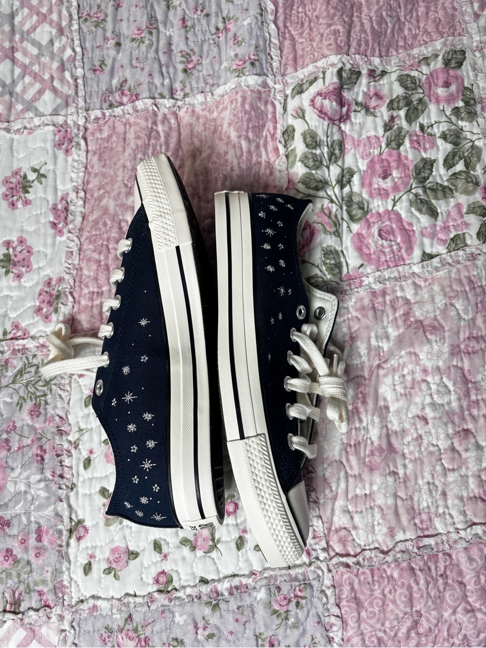 Converse Navy Blue Low Top Sneakers with White Snowflake Print
